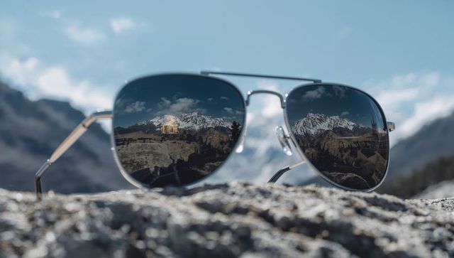 Aviator sunglasses reflecting majestic snow-capped mountains