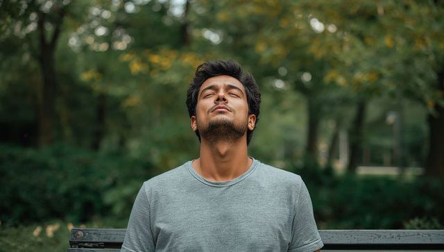 Serene adult male enjoying fresh air outdoors