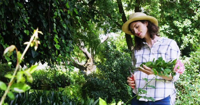 Woman in casual clothing wearing hat, pruning roses with shears in a lush, green garden. Perfect for gardening publications, home and lifestyle blogs, or outdoor nature advertorials.