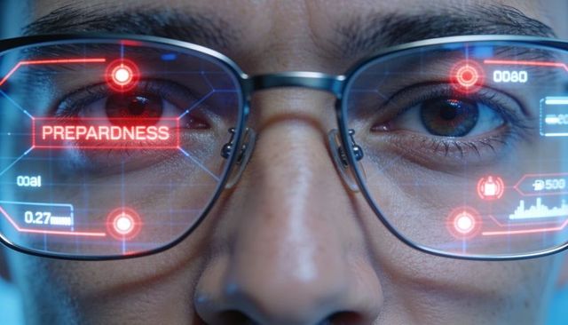 Closeup man wearing metal-framed smart glasses reading red hud with ai data overlays