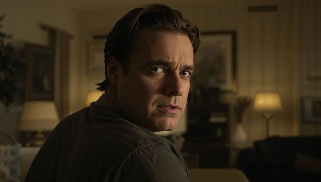 Turning man looking over shoulder in warm cinematic living room portrait, moody chiaroscuro