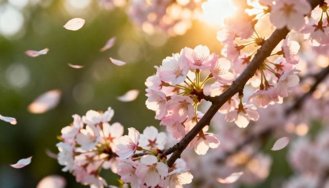 Sunlit Cherry Blossoms with Drifting Petals on Diagonal Branch, Spring Macro