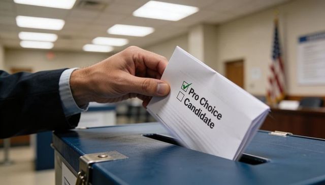 Suit-sleeved voter casting pro choice ballot into blue ballot box with us flag
