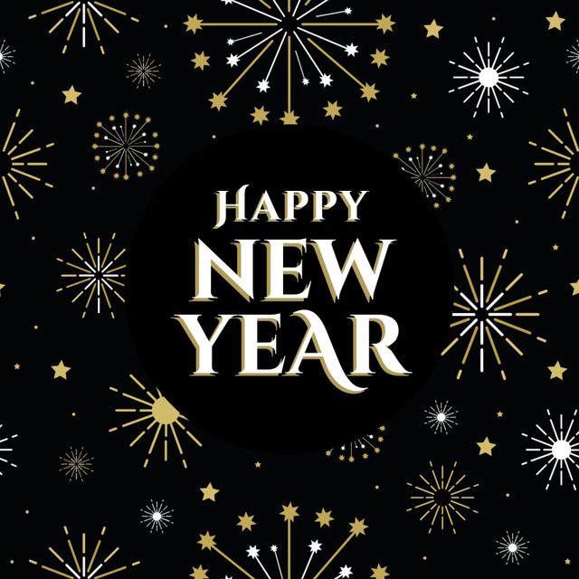 This illustration features a Happy New Year greeting with a black background and gold fireworks. Ideal for New Year's Eve celebration invitations, festive party decorations, greeting cards, or social media posts.