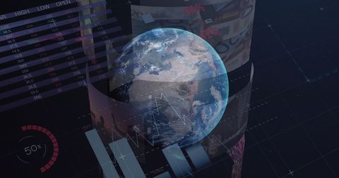 Globe overlaid with financial data and graphs