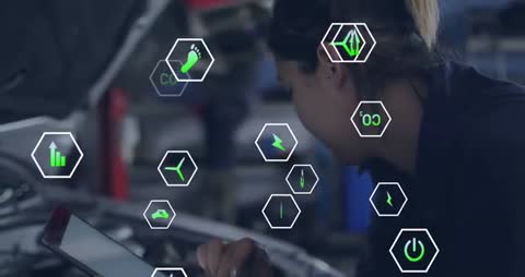 Mechanic Woman Interacting with Eco Data Analytics on Tablet