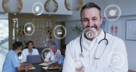 Confident Doctor Smiling in Modern Office with Medical Team Collaboration