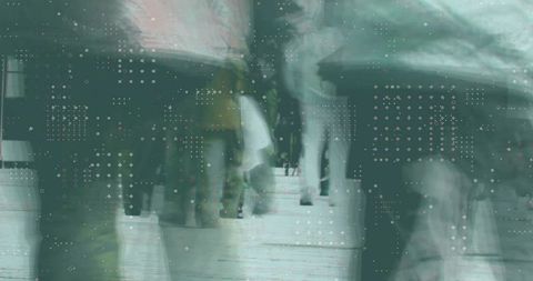 Blurred City Pedestrians with Digital Glitch Overlay