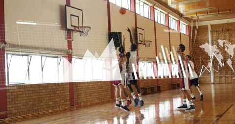 High school basketball players jumping for rebound, competing with data analytics overlay