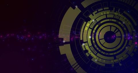 Futuristic HUD Interface with Neon Concentric Rings over Purple Nebula Background