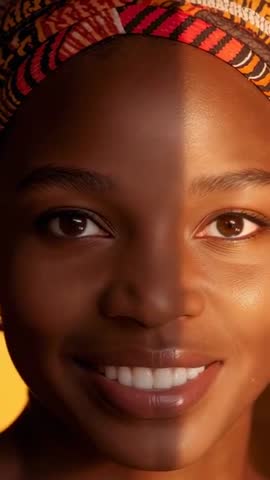Vertical beauty portrait video: Smiling model with colorful headwrap and warm moving light