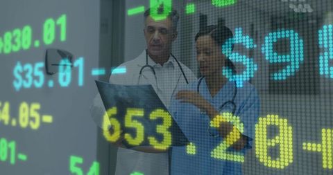 Medical Professionals Analyzing X-ray with Financial Data Overlay