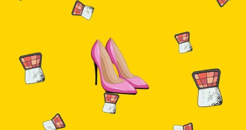 Bright pink heels and makeup palettes pop art design