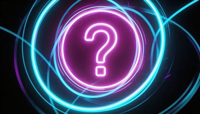 Pulsing neon question mark inside glowing magenta ring with cyan light trails, futuristic