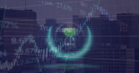 Futuristic Stock Market Analysis with Digital Hourglass Overlay