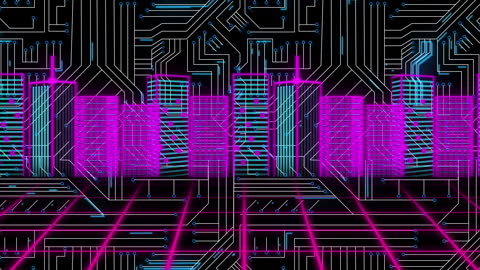 Futuristic Digital Cityscape with Neon Networking