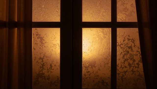 Glowing amber backlit frosted window panels showing condensation and draped curtains