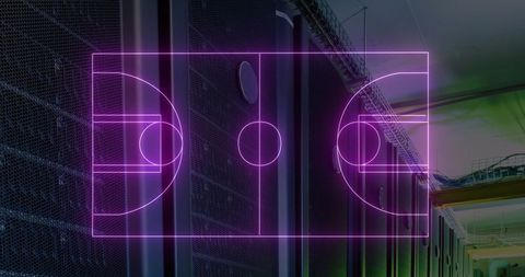 Futuristic Holographic Basketball Court in Server Room