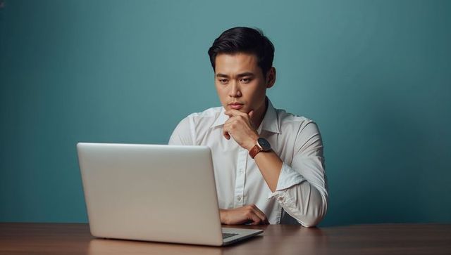 Young professional thinking at laptop on wooden desk with teal background, focused