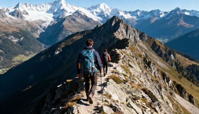 Hiking alpine ridge under snow-capped peaks, backpacking trail with blue pack