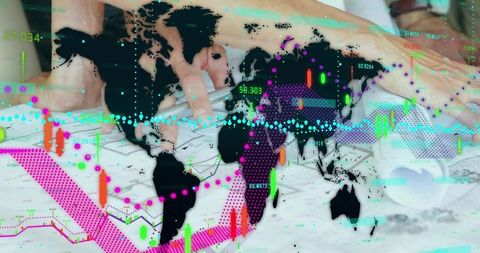 Financial analysis and data visualization with world map overlay