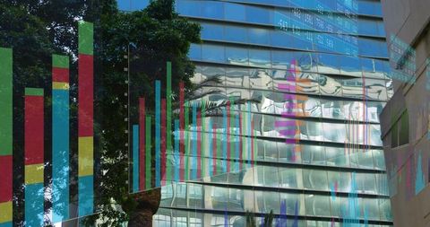 Reflecting Glass Facade Displaying Colorful Data Visualization Overlays in Urban Business Hub