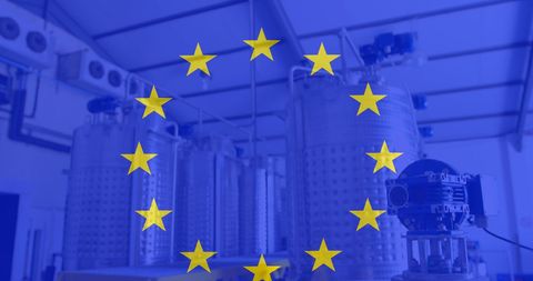 European Union Flag Overlay on Industrial Factory Background