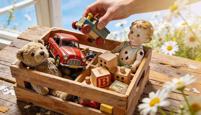 Sunlit rustic crate of vintage toys with teddy bear, red car, doll and wooden blocks