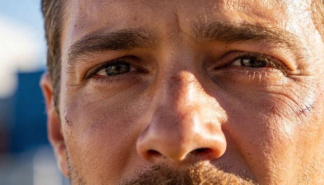 Closeup middle-aged man face showing skin texture, sunlit stubble and small cheek scar