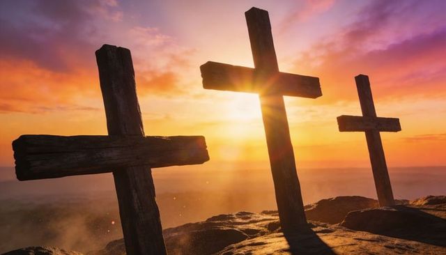 Three wooden crosses standing at sunrise casting long shadows over misty horizon
