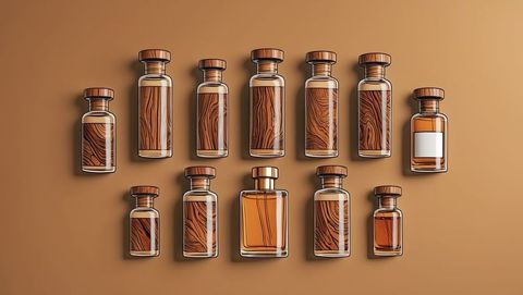 Elegant glass bottles with sandalwood caps and amber liquid on neutral background