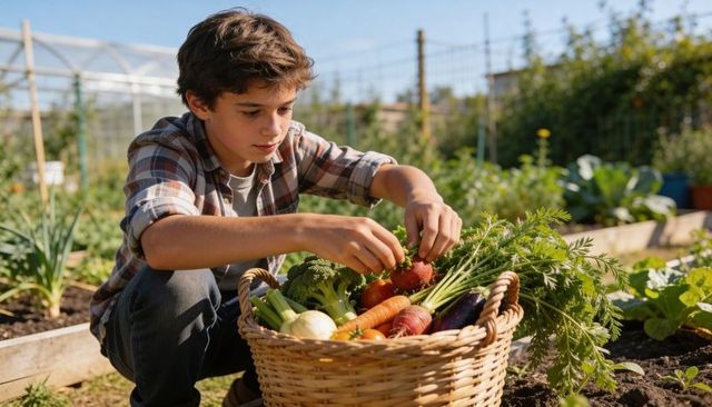 Kneeling teen harvesting fresh vegetables in backyard garden with wicker basket