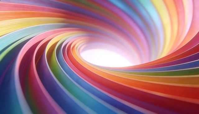 Spiraling Rainbow Ribbon Tunnel Flowing Toward Bright Aperture - Vibrant Abstract 3D