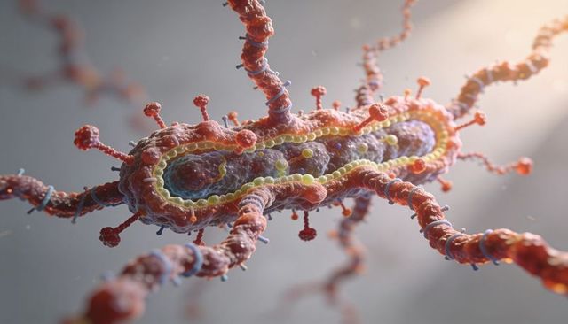 Depicting elongated virus particle with helical core, filamentous spikes, glowing beads