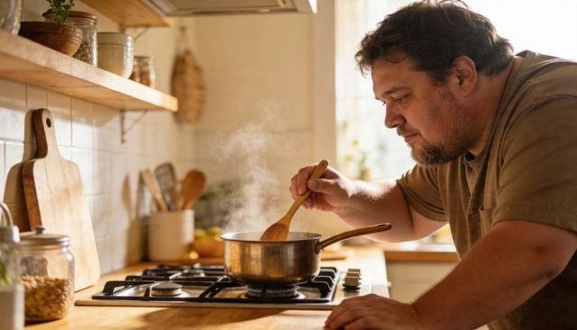 Home cook stirring steaming sauce on gas stove in warm rustic kitchen