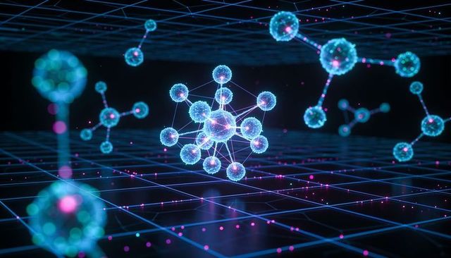 Floating molecular cluster connecting across neon grid with glowing magenta nodes and links