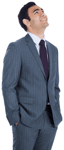 Happy Asian Businessman Looking Up on Transparent Background with Suit