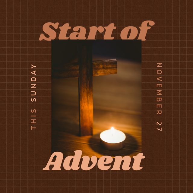 Composition of first day of advent text over candle and cross. First day of advent and celebration concept digitally generated image.