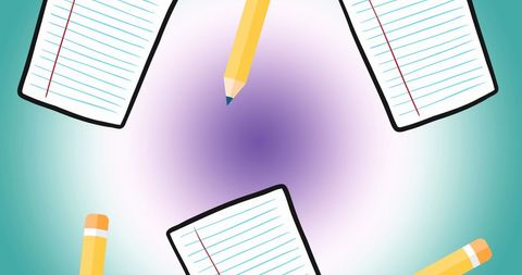 Colorful school supplies featuring pencils and papers on pastel background