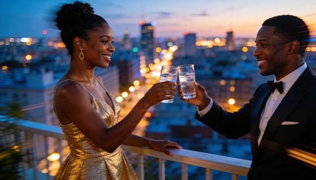 Black couple toasting on rooftop balcony at twilight in gold gown and tuxedo, celebrating