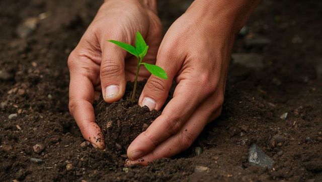 Hands planting young green seedling in rich soil