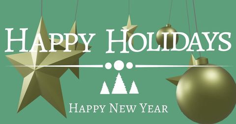 Holiday Greetings with Christmas Ornaments Over Green Background