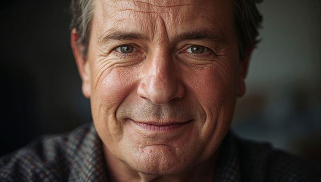 Smiling middle-aged man gazing directly with warm expression and soft bokeh background