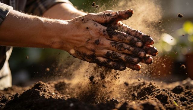 Gardener clapping soil-covered hands sending dust particles in warm golden light