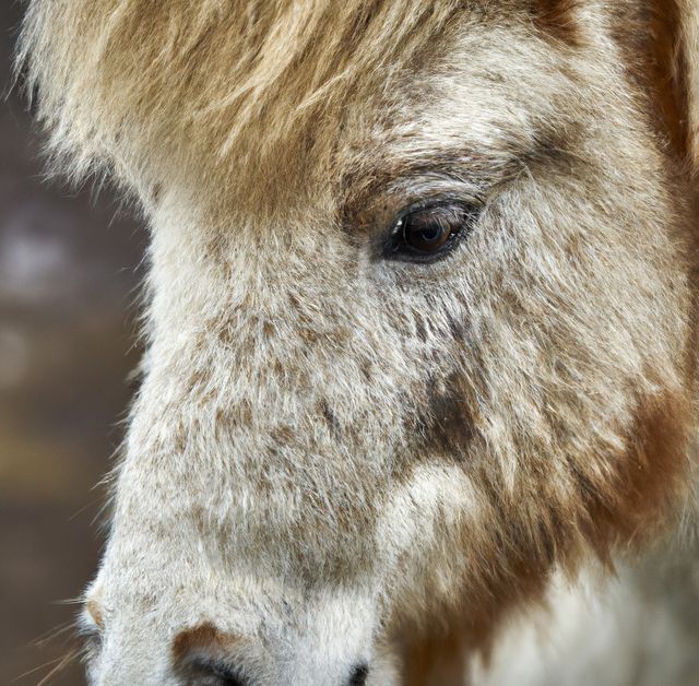 Close-up detailed view of a pony's face showing its textured fur and soft expression. Ideal for use in animal-themed projects, educational materials, and promoting equestrian care.