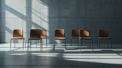 Minimalist arrangement of chairs in geometric sunlit space