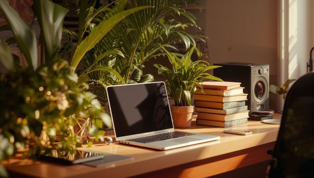 Home Office Desk in Warm Sunlight with Greenery and Technology