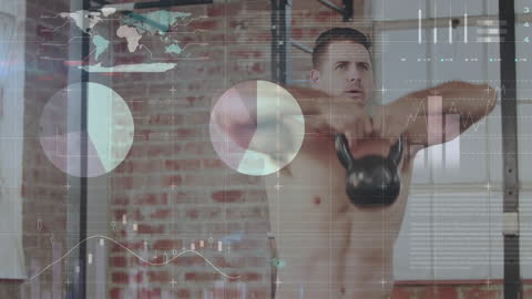 Strong Man Lifting Kettlebell with Data Visualization Overlay