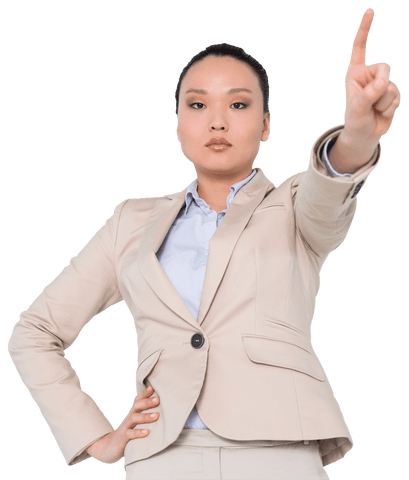 Confident Asian Businesswoman Gesturing Pointing on Transparent Background