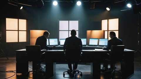 Dynamic control room with professionals analyzing tech data, talking heads setting